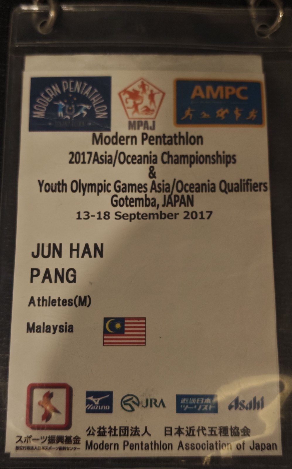 Athlete accreditation of Jun Han Pang, Malaysia, at the 2017 Modern Pentathlon Asia/Oceania Championships and Youth Olympic Games Asia/Oceania Qualifiers, Gotemba, Japan, 13-18 September 2017