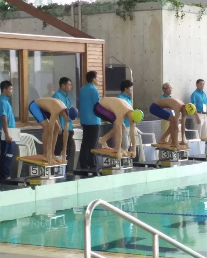 Pang Jun Han (lane 5, blue cap) at the swim start for Malaysia, 2017 Modern Pentathlon Asia/Oceania Championships, Gotemba, Japan